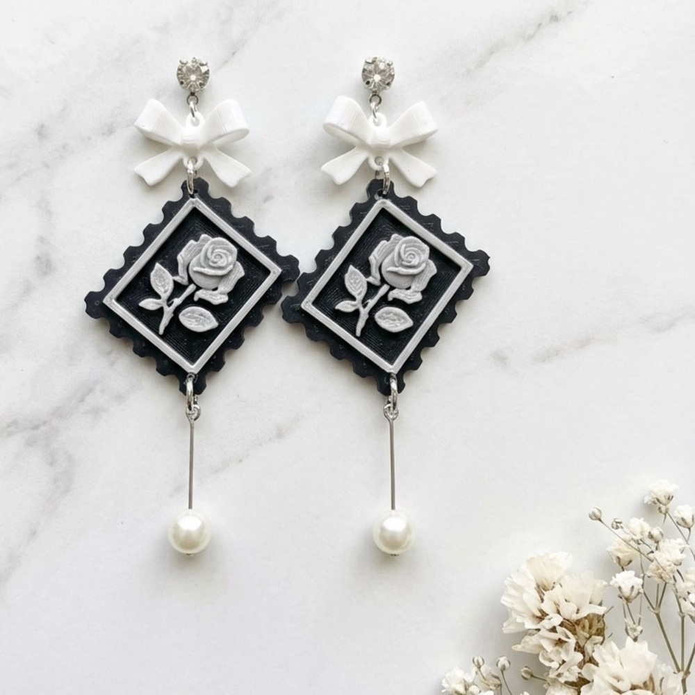 Black & Silver Postage Stamp Rose Earrings with Bow & Pearl Drop - Picture 3 of 5